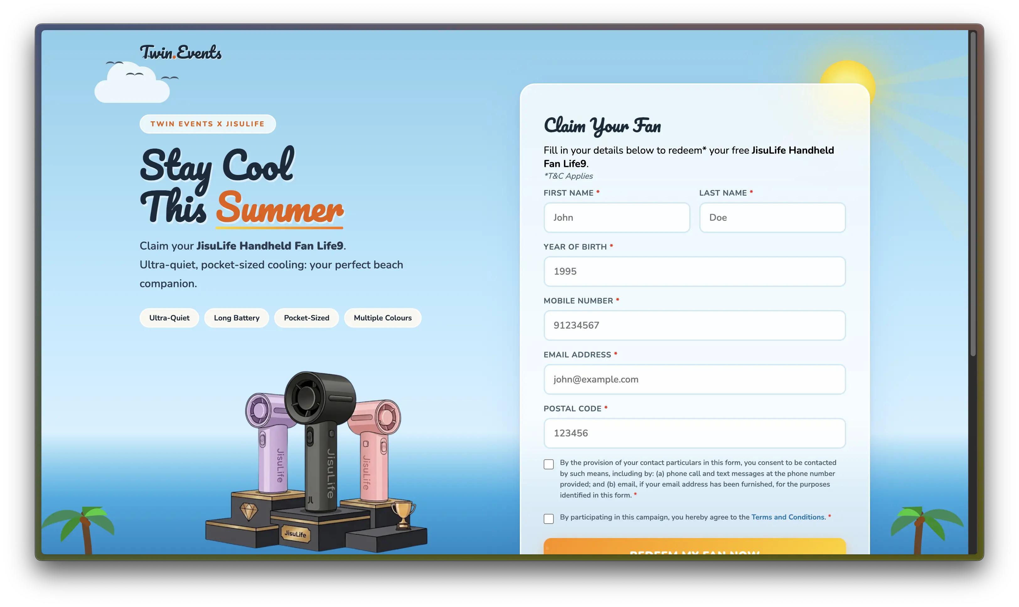 Twin Events website — beach-themed landing page with lead capture form and mobile-responsive layout